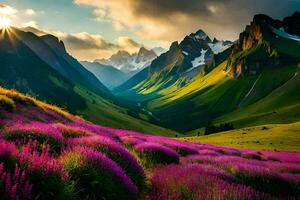 the sun shines on the purple flowers in the mountains. AI-Generated photo