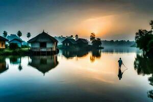 a man is walking across the water in front of some huts. AI-Generated photo