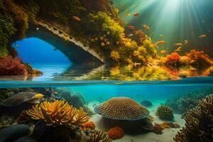 underwater scene with coral reefs and an underwater bridge. AI-Generated photo