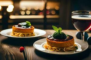 two plates with food and a glass of wine. AI-Generated photo