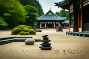 a zen garden with stones and a pagoda. AI-Generated photo