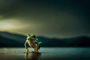 a frog sitting on the edge of a lake. AI-Generated photo