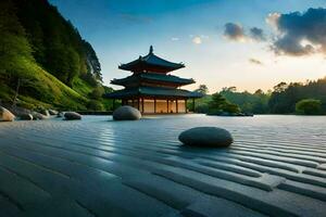 un pagoda se sienta en el suelo en frente de un montaña. generado por ai foto