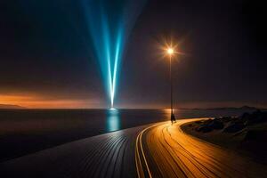 un hombre camina a lo largo un muelle a noche con un ligero brillante desde el cielo. generado por ai foto