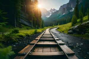 a wooden train track in the mountains. AI-Generated photo