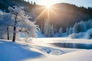 winter is coming, the sun is shining over a snowy lake. AI-Generated photo