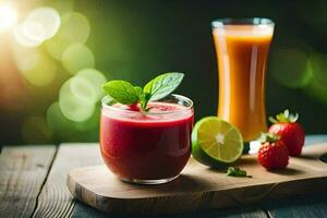 two juices on a wooden table with strawberries and mint. AI-Generated photo