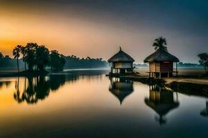 two huts sit on the shore of a lake at sunrise. AI-Generated photo