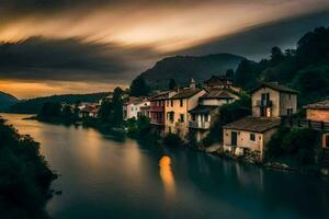 un río carreras mediante un pueblo a puesta de sol. generado por ai foto