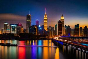 the city skyline at night with lights reflecting off the water. AI-Generated photo