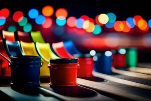 vistoso cubos en un mesa con luces en el antecedentes. generado por ai foto