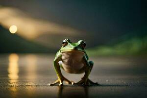 a frog is standing on the ground with the sun in the background. AI-Generated photo
