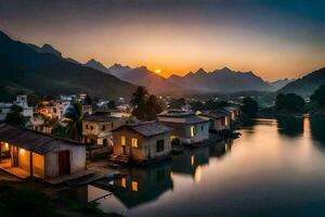 photo wallpaper the sky, mountains, water, houses, the village, the river, the mountains. AI-Generated