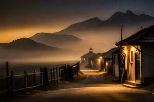 a foggy road in the mountains at night. AI-Generated photo