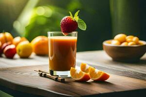 a glass of orange juice with a strawberry on top. AI-Generated photo