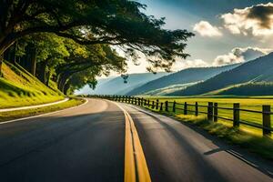 a scenic road in the mountains with trees and grass. AI-Generated photo