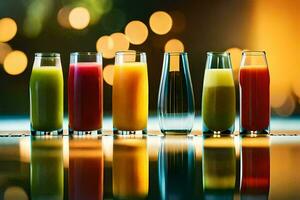 a row of glasses with different colored juices. AI-Generated photo