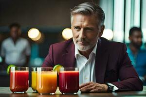 a man in a suit sitting at a table with three glasses of juice. AI-Generated photo