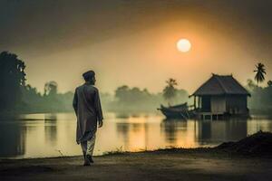 a man in a traditional outfit stands by the water at sunset. AI-Generated photo