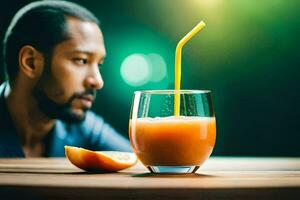 un hombre sentado a un mesa con un naranja jugo. generado por ai foto