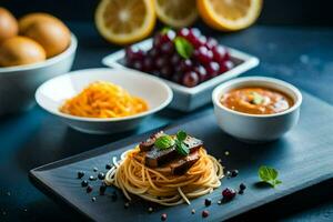 spaghetti with meat, eggs and grapes on a black plate. AI-Generated photo