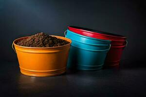 three colorful buckets with dirt in them. AI-Generated photo