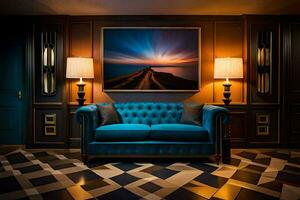 un azul sofá en un habitación con un pintura en el pared. generado por ai foto