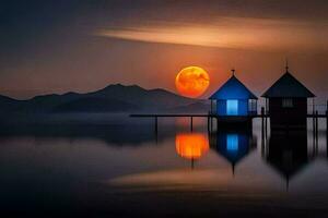 a boat dock with a house on it at sunset. AI-Generated photo