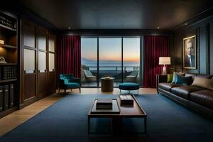 the living room has a view of the ocean at sunset. AI-Generated photo