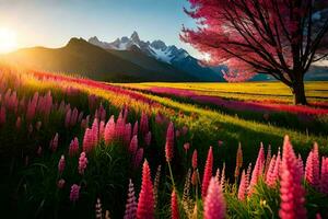 pink flowers in a field with mountains in the background. AI-Generated photo