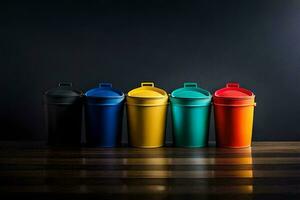 a row of colorful trash cans on a dark background. AI-Generated photo