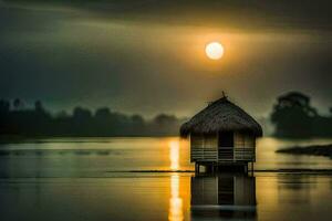 a hut sits on the water in front of a full moon. AI-Generated photo