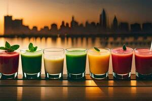 a row of drinks with different colors in front of a city skyline. AI-Generated photo