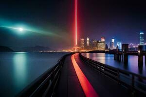 a long bridge with a red light shining over the water. AI-Generated photo