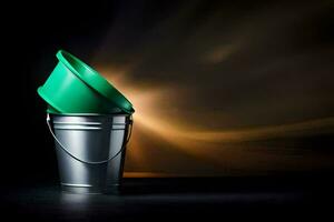 a green bucket sitting on top of a metal bucket. AI-Generated photo