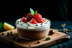 chocolate mousse con fresas y menta hojas. generado por ai foto