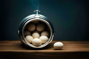 eggs in a metal container on a table. AI-Generated photo