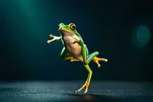 a frog jumping on a black background. AI-Generated photo