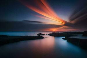 a long exposure photograph of a sunset over the ocean. AI-Generated photo