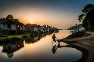 un hombre caminando a lo largo el río con un bote. generado por ai foto