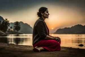 un mujer sentado en el suelo a puesta de sol. generado por ai foto
