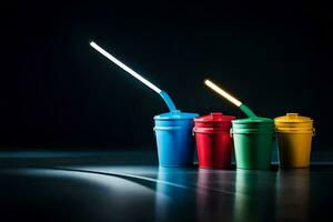 a row of colorful cups with a straw. AI-Generated photo