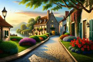 un pintura de un calle con casas y flores generado por ai foto
