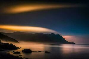 a long exposure photograph of the ocean and mountains at night. AI-Generated photo