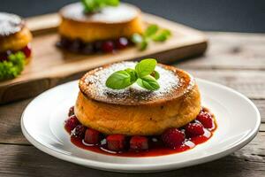 pancakes with raspberry sauce on a white plate. AI-Generated photo