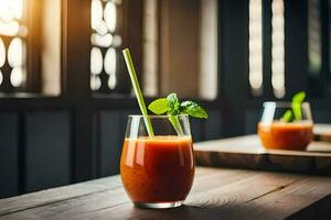 two glasses of tomato juice with a straw. AI-Generated photo