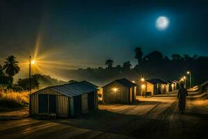 un noche Disparo de un pequeño pueblo a noche. generado por ai foto