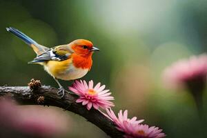 a colorful bird sits on a branch with pink flowers. AI-Generated photo