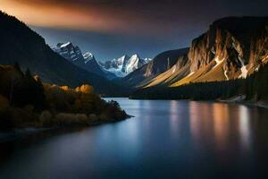 un lago rodeado por montañas a puesta de sol. generado por ai foto