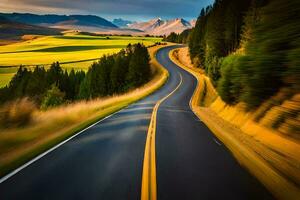 a long exposure photo of a road in the mountains. AI-Generated